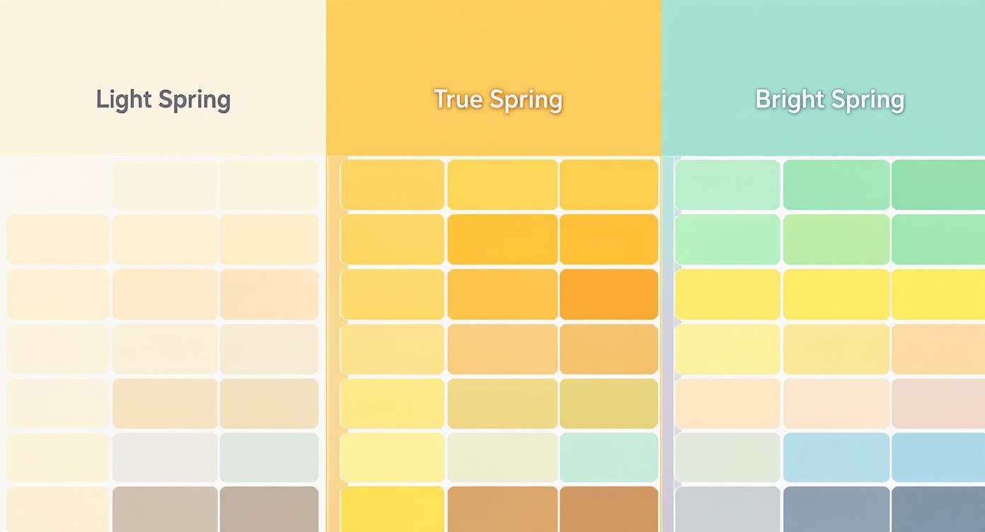 Three different spring color subtypes with their signature colors