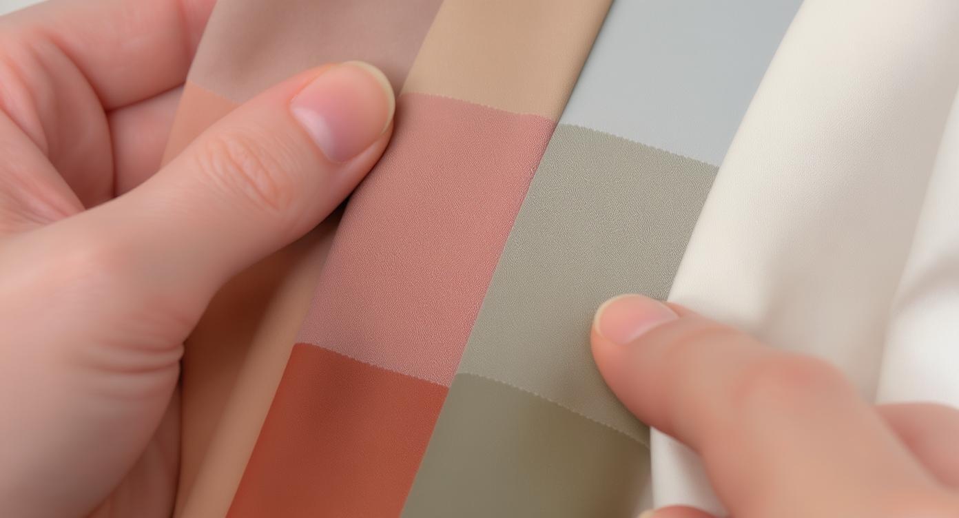 Color testing process showing fabric swatches against different skin tones
