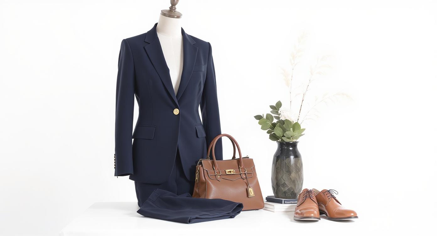 Navy blue and tan professional outfit