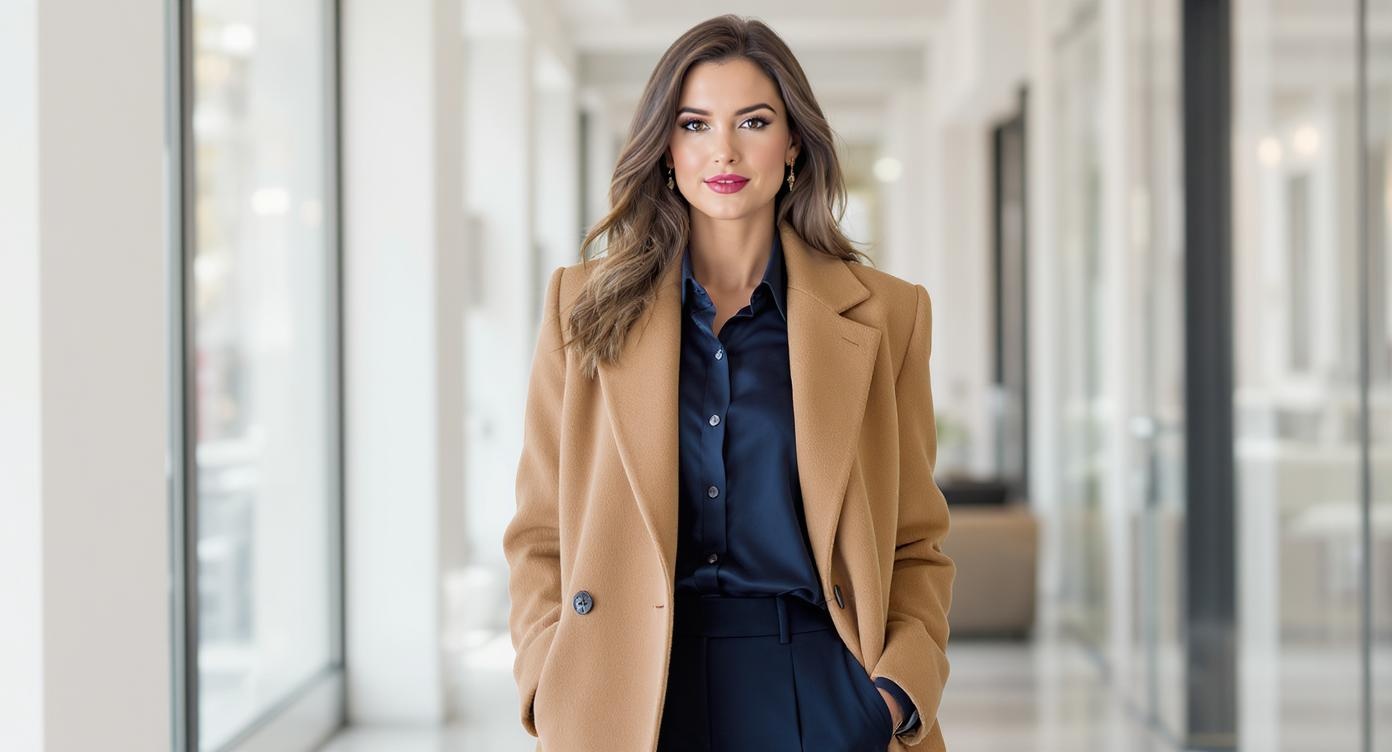 Classic tan and navy blue outfit combination