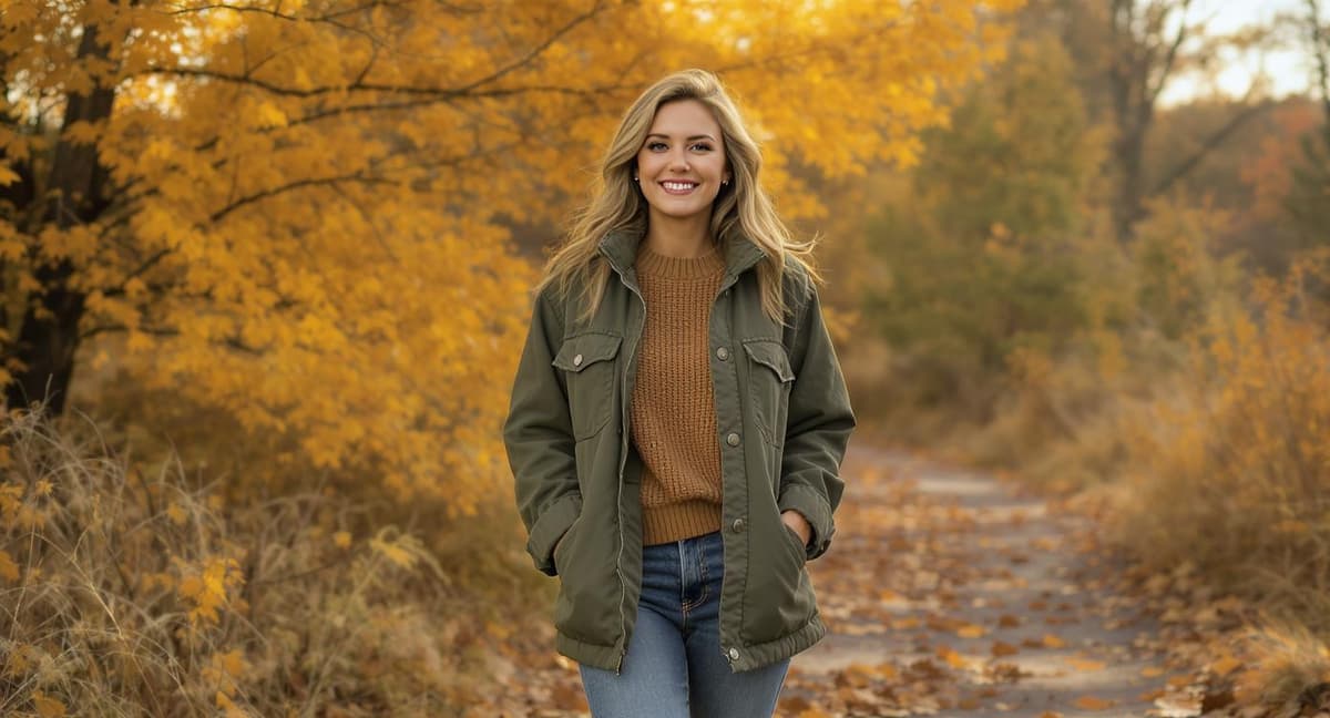 Olive green and tan autumn outfit