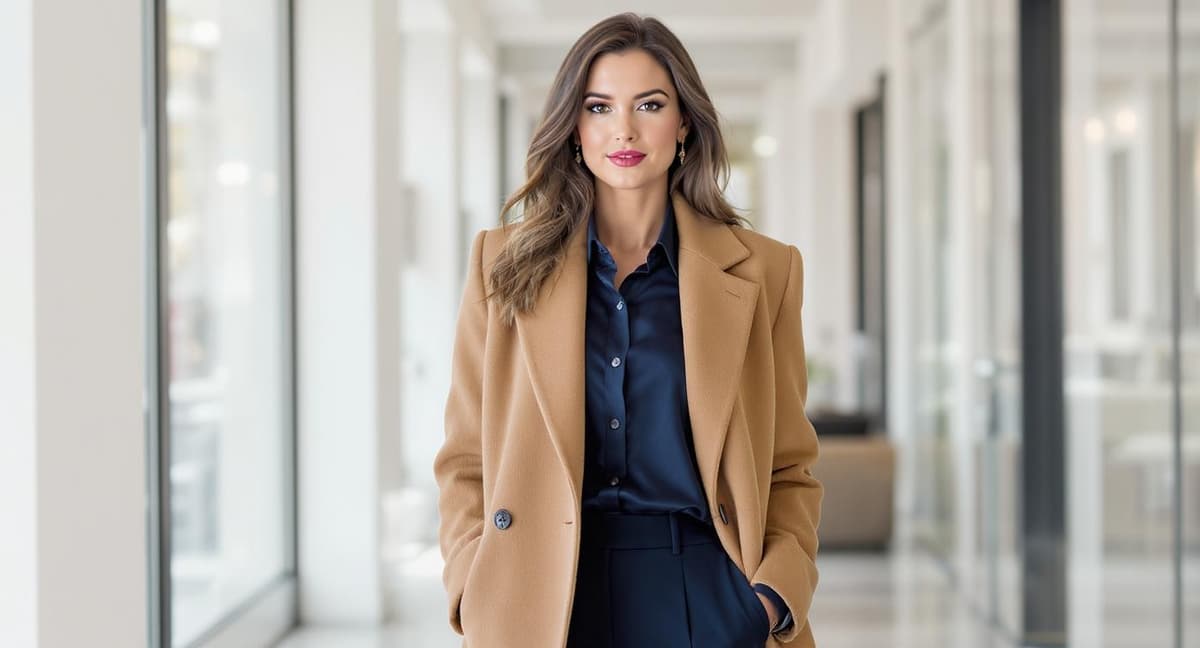 Classic tan and navy blue outfit combination