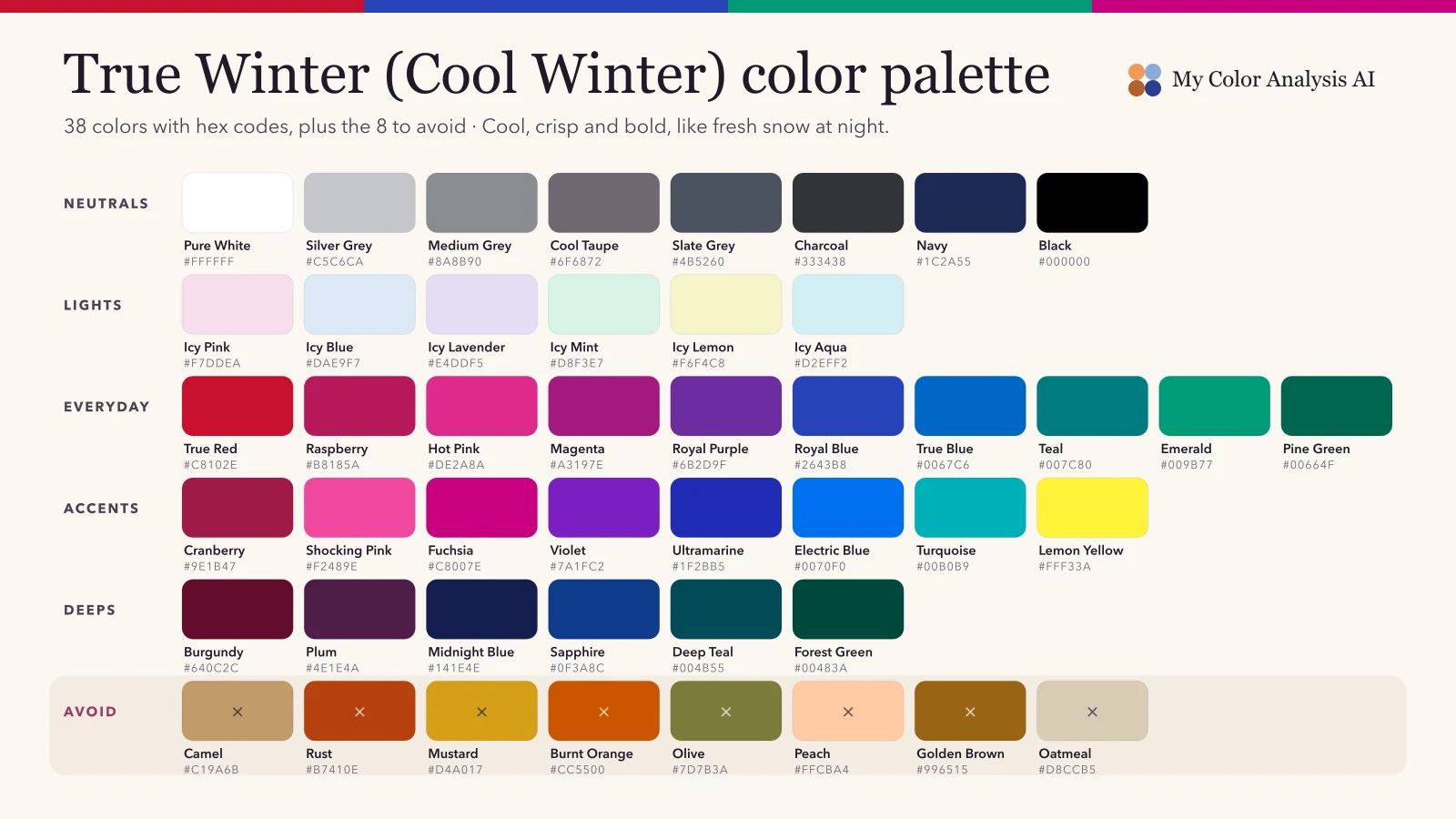 True Winter Color Palette (Cool Winter): Every Color, What to Avoid, Makeup and Hair