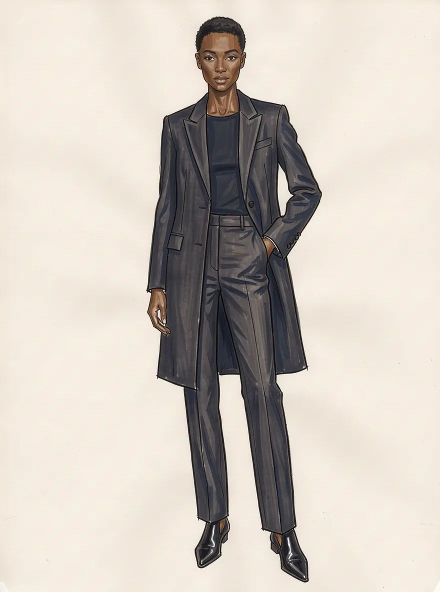 Dramatic Kibbe body type illustration in a signature Dramatic outfit
